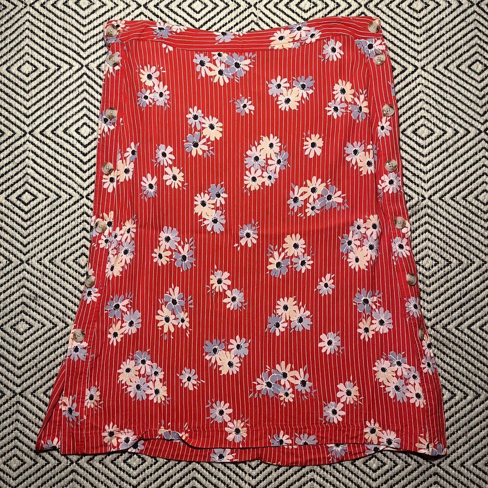 Madewell Red Floral Pinstripe Button Side Midi Skirt Womens 14 High Waist Boho